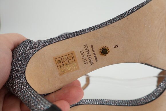 Stuart Weitzman Nunaked Ankle Strap Sandals Silver Gray Glitter Size 5 Evening - Picture 12 of 14